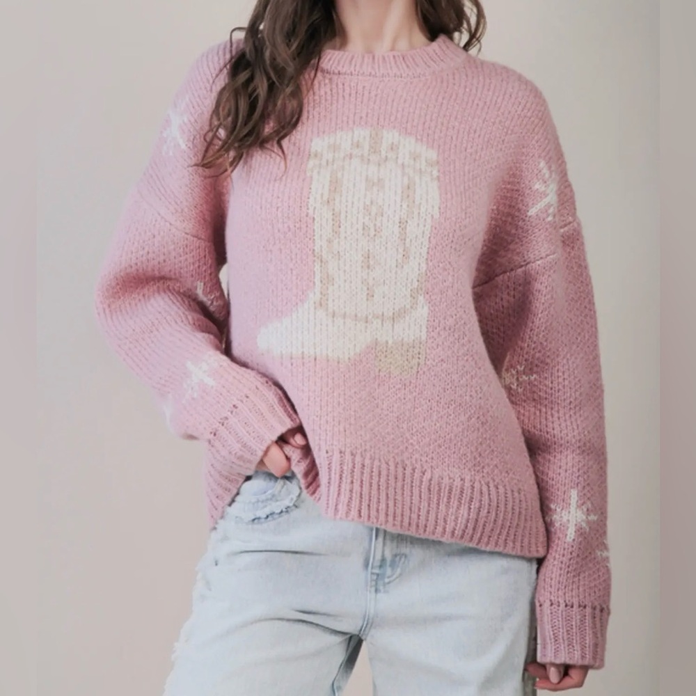 Cowboy Boots Graphic Print Knit Sweater - Dusty Pink